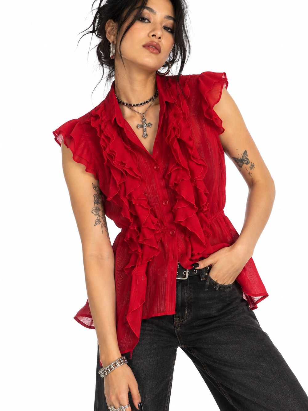Y2K Miley Cyrus Ruffled Button-Front Sleeveless Blouse in Red